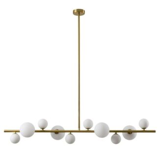 Złota lampa Milky Drop z białymi wiszącymi kulami, długość 120 cm idealna do salonu
