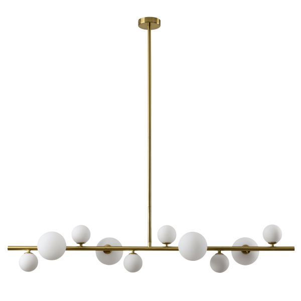 Złota lampa Milky Drop z białymi wiszącymi kulami, długość 120 cm idealna do salonu