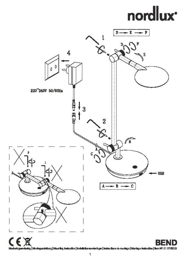 Regulowana czarna lampa biurkowa Bend od Nordlux z wbudowanym portem USB