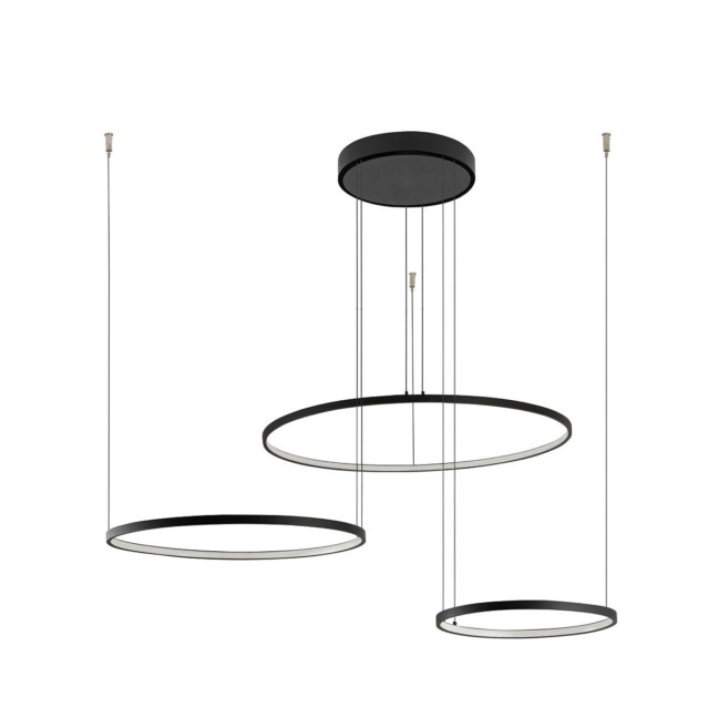 Czarna wisząca lampa Circolo z trzema okręgami LED o ciepłej barwie 3000K idealna do salonu