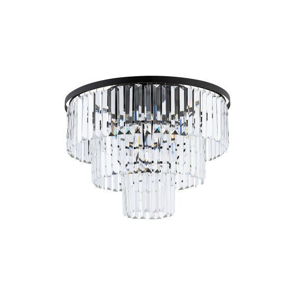 Plafon kryształowy Cristal M z czarną podstawą, elegancki żyrandol sufitowy wielopoziomowy do salonu i holu, nowoczesne oświetlenie glamour.