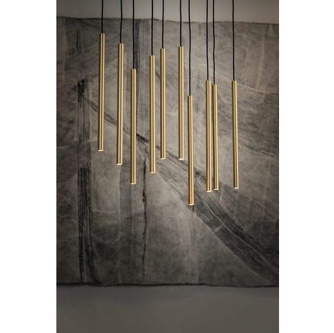 Nowoczesna podłużna lampa wisząca Laser z złotymi kloszami