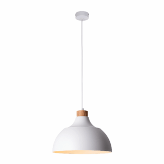 Lampa wisząca skandynawska Cap TK, biała, metalowa, drewniany detal, E27, minimalistyczna, do kuchni, nad stół.
