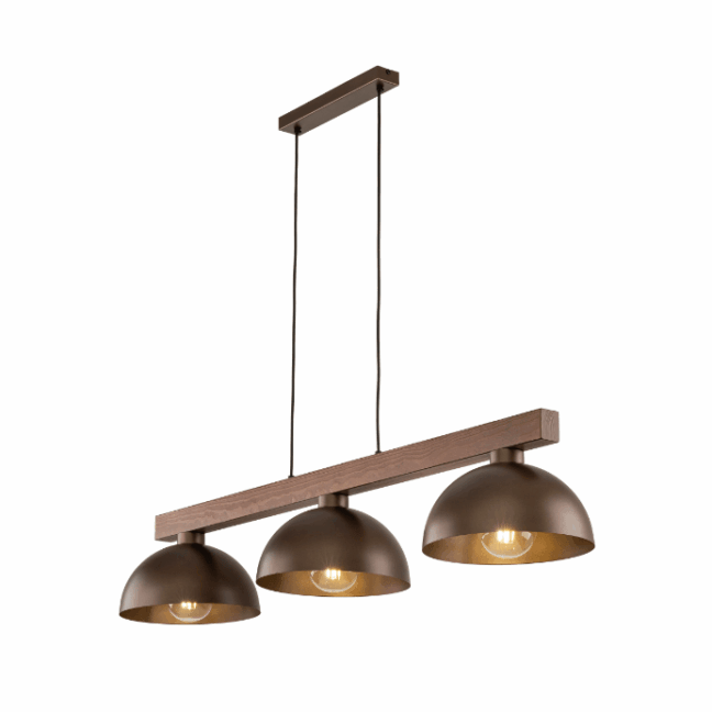 Elegancka drewniana lampa wisząca Oslo w kolorze brązowym z trzema punktami świetlnymi