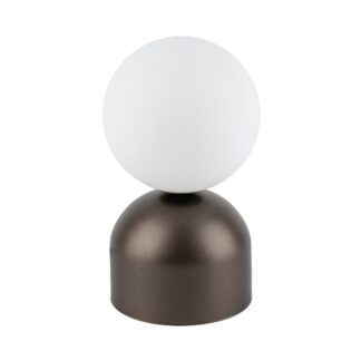Brązowa lampka biurkowa Miki z nowoczesnym białym kloszem w kształcie kulki