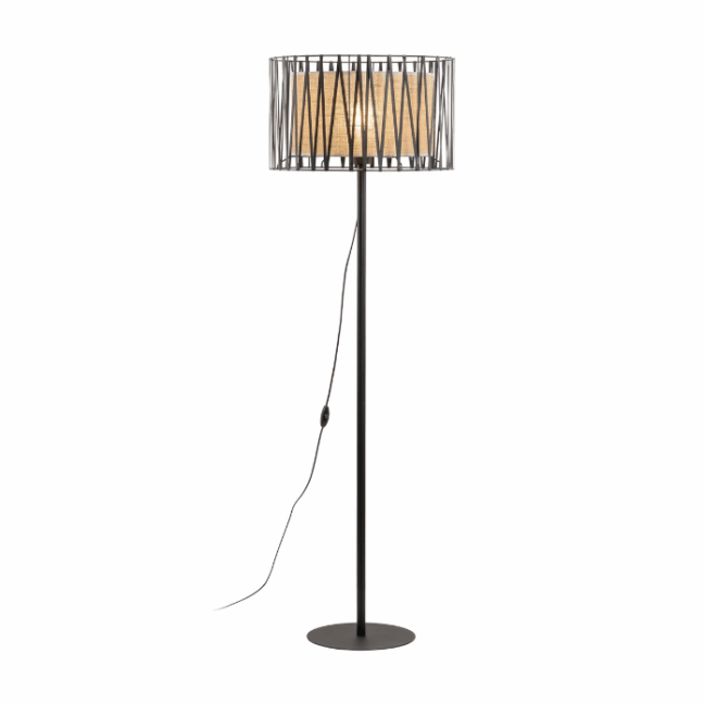 Boho lampa stojąca Harmony TK z jutowym abażurem w czarno-beżowych odcieniach