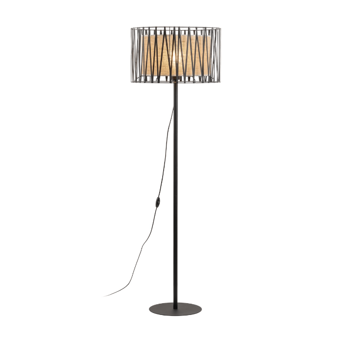 Boho lampa stojąca Harmony TK z jutowym abażurem w czarno-beżowych odcieniach