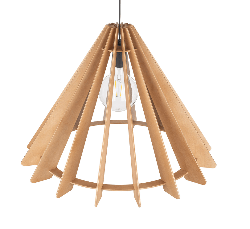 Wisząca lampa Eris Wood L w stylu boho z drewnianym, stożkowym kloszem
