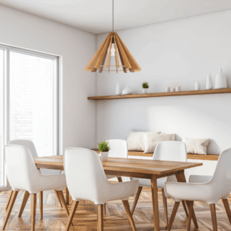 Wisząca lampa Eris Wood L w stylu boho z drewnianym, stożkowym kloszem