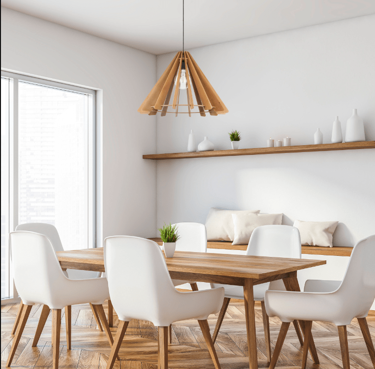 Wisząca lampa Eris Wood L w stylu boho z drewnianym, stożkowym kloszem