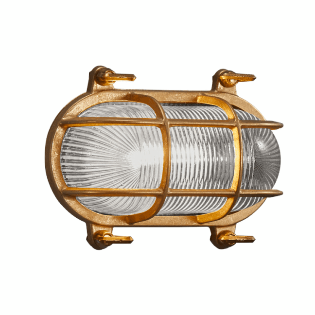 Lampa okrętowa Helford mosiężna IP64, wodoszczelny kinkiet marynistyczny retro do łodzi, domu i na taras, oświetlenie w stylu żeglarski bulaj