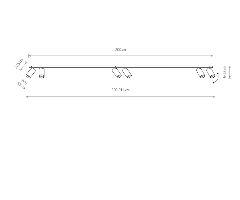 Podłużna czarna sufitowa listwa MONO VI z czterema kloszami