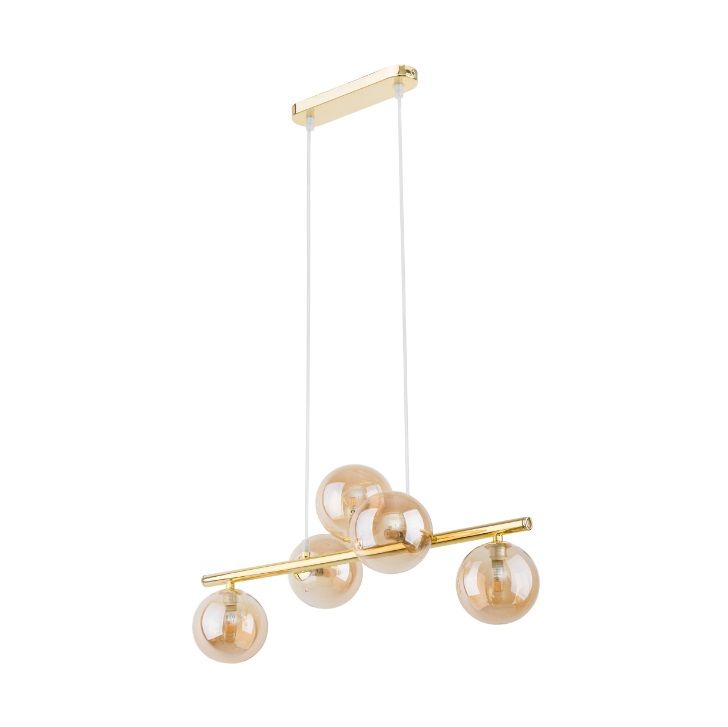 Elegancka wisząca lampa Estera TK 5 w złotym kolorze z transparentnymi kulami
