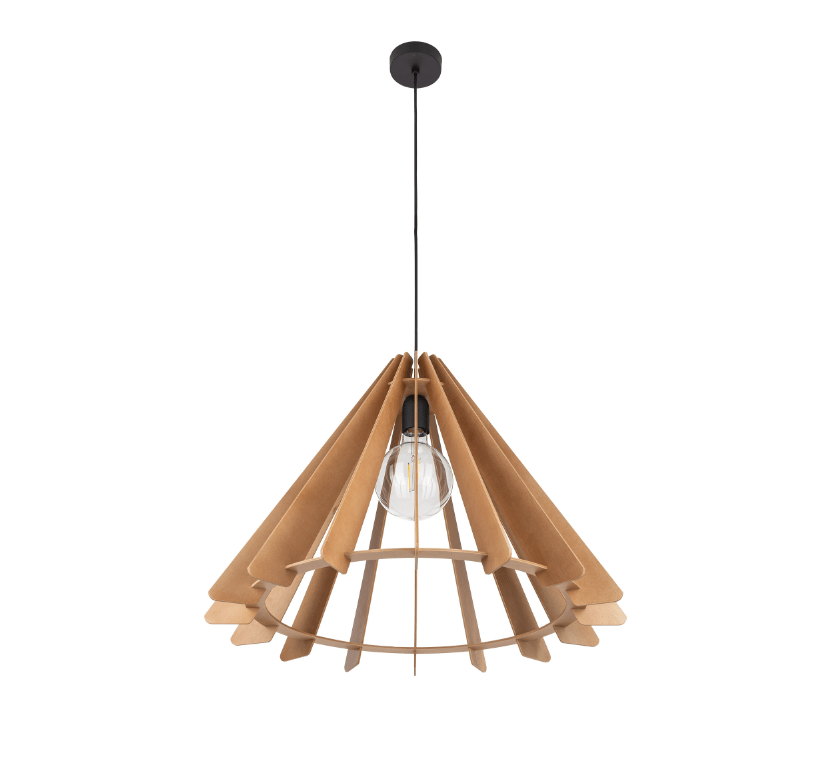Wisząca lampa Eris Wood L w stylu boho z drewnianym, stożkowym kloszem