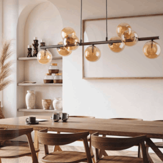 Podłużna wisząca lampa sufitowa Estera 9 z bursztynowymi kloszami