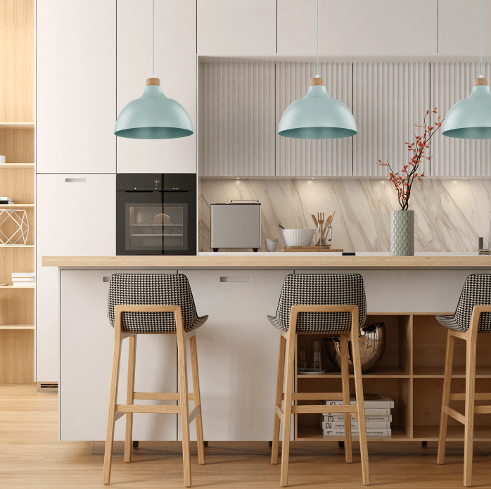 Wisząca lampa w odcieniach niebieskiego i mięty Cap TK z drewnianym akcentem