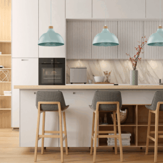 Wisząca lampa w odcieniach niebieskiego i mięty Cap TK z drewnianym akcentem