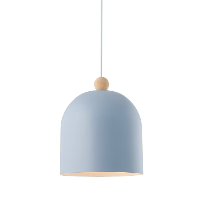 Niebieska wisząca lampa Gaston z ozdobną drewnianą kulką