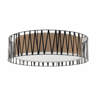 Okrągły plafon sufitowy z czarną metalową ramą w geometryczny wzór, jutowym abażurem i białym dnem.