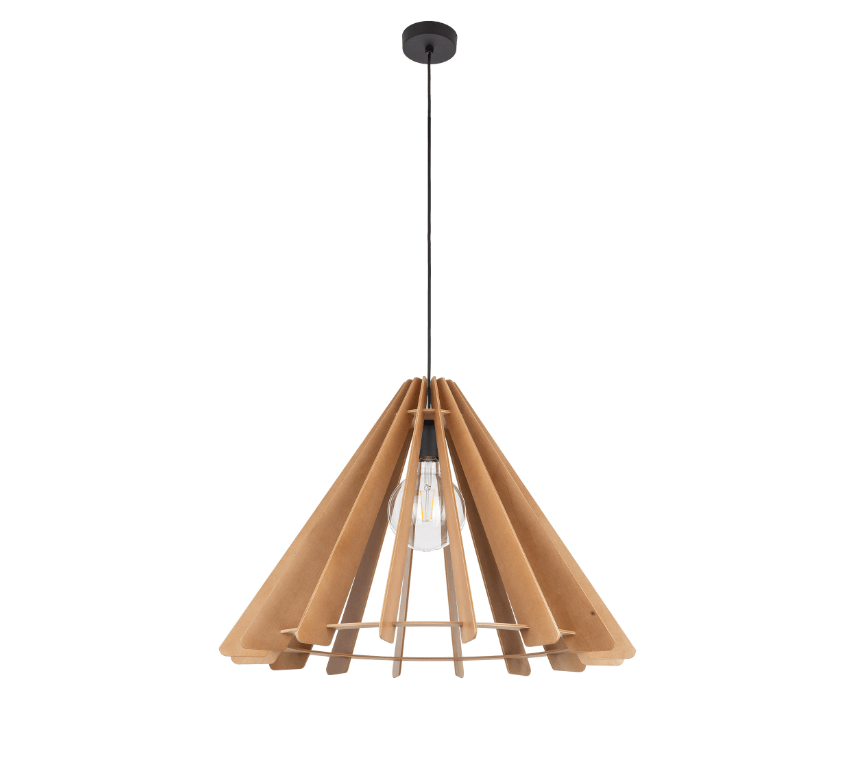 Wisząca lampa Eris Wood L w stylu boho z drewnianym, stożkowym kloszem