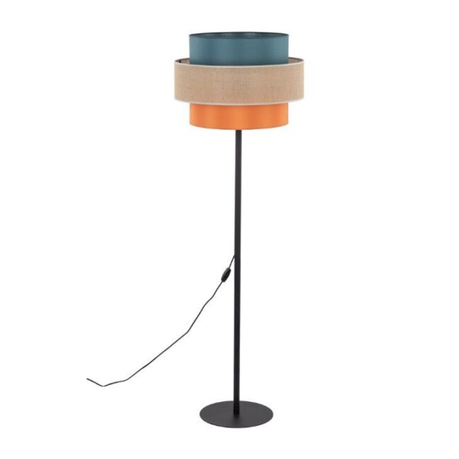 Trójkolorowa lampa podłogowa Trio Juta z abażurem w odcieniach zieleni, pomarańczu i beżu