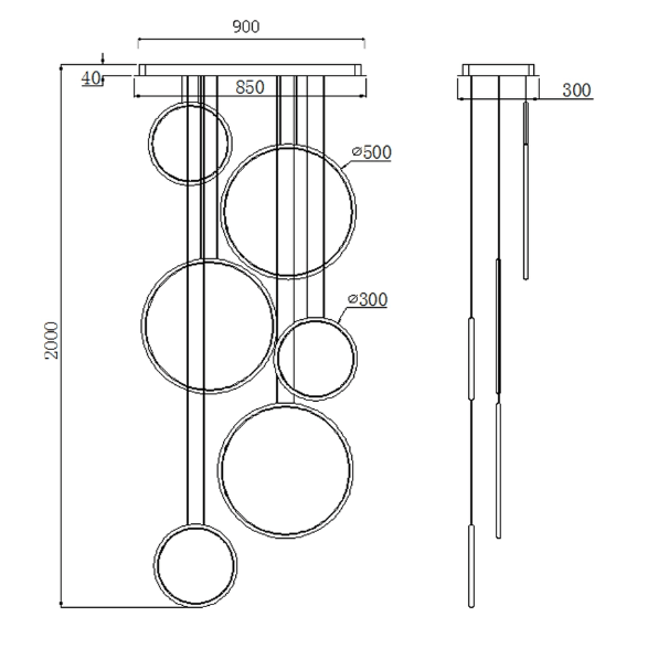 Wisząca lampa na antresolę Okręgi No. 8 – 6 pierścieni, 4000K, z funkcją ściemniania