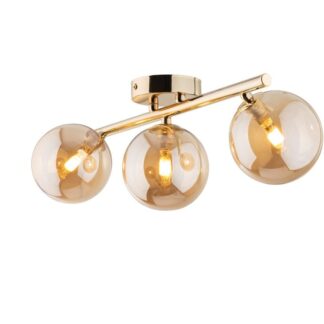 Elegancka złota lampa sufitowa Estera z trzema bursztynowymi kloszami