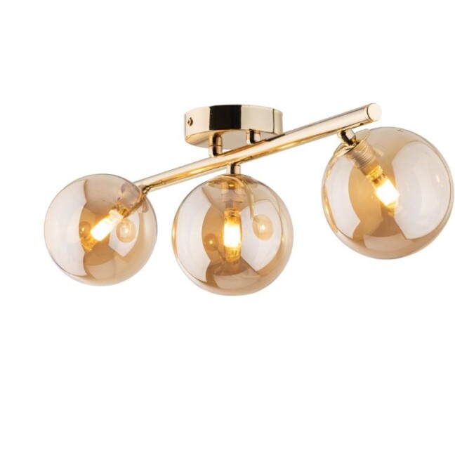 Elegancka złota lampa sufitowa Estera z trzema bursztynowymi kloszami