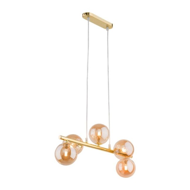 Elegancka wisząca lampa Estera TK 5 w złotym kolorze z transparentnymi kulami