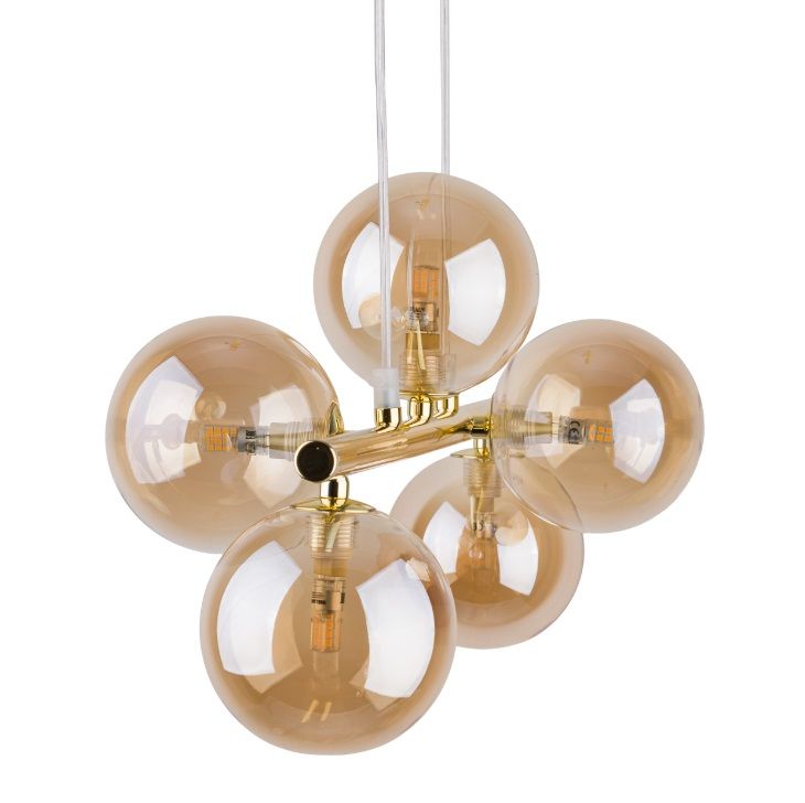 Elegancka wisząca lampa Estera TK 5 w złotym kolorze z transparentnymi kulami
