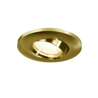 Okrągłe oczko sufitowe w kolorze mosiądzu Umberto z ruchomym reflektorem, wodoodporne o klasie szczelności IP44, pokazujące wewnętrzne źródło światła na białym tle.