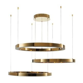 Złota lampa z lśniącymi ledowymi pierścieniami w formie trzech błyszczących okręgów