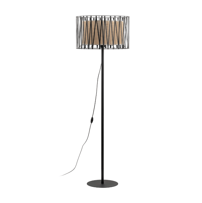 Boho lampa stojąca Harmony TK z jutowym abażurem w czarno-beżowych odcieniach