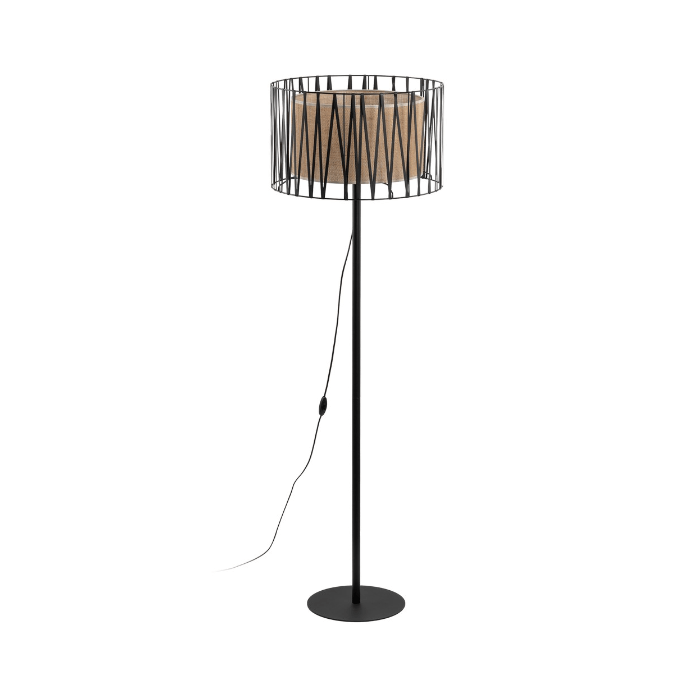 Boho lampa stojąca Harmony TK z jutowym abażurem w czarno-beżowych odcieniach