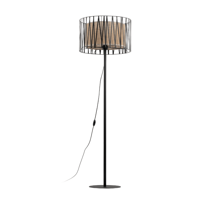 Boho lampa stojąca Harmony TK z jutowym abażurem w czarno-beżowych odcieniach
