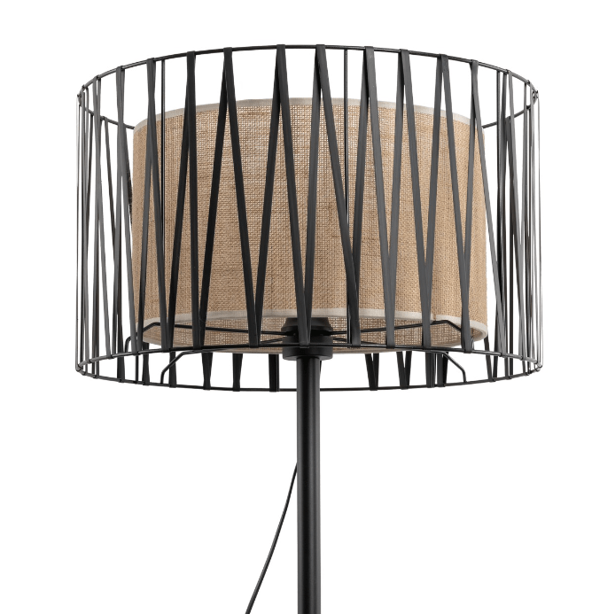 Boho lampa stojąca Harmony TK z jutowym abażurem w czarno-beżowych odcieniach
