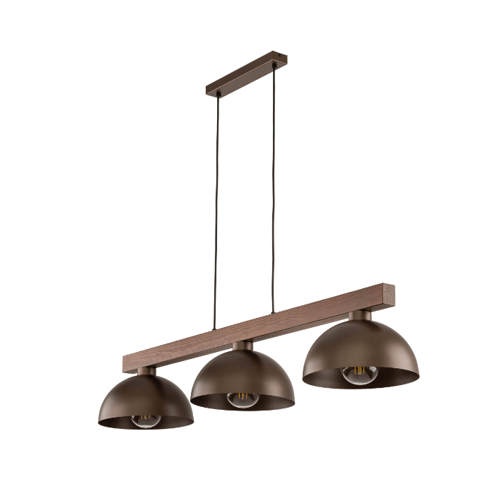 Elegancka drewniana lampa wisząca Oslo w kolorze brązowym z trzema punktami świetlnymi