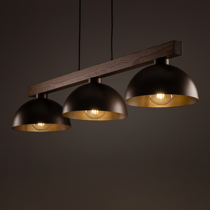 Elegancka drewniana lampa wisząca Oslo w kolorze brązowym z trzema punktami świetlnymi