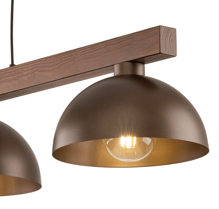 Elegancka drewniana lampa wisząca Oslo w kolorze brązowym z trzema punktami świetlnymi