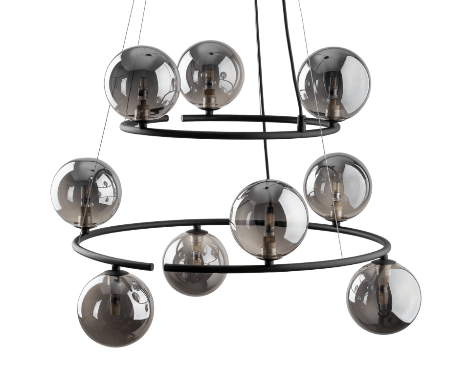 Wiszący żyrandol Anabelle 9 z dymionymi szklanymi kulami