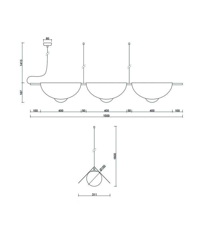 Podłużna wisząca lampa Sallo C z trzema białymi kulami