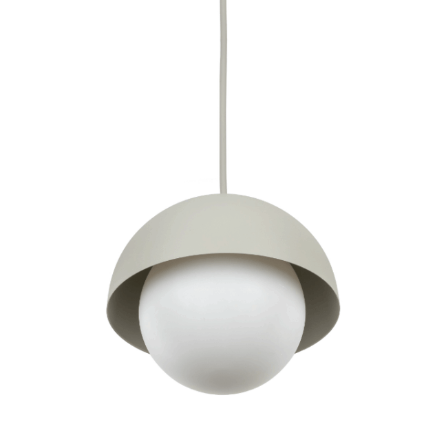 Beżowa, wisząca lampa Bono TK z białą kulą i półkulistym kloszem o średnicy 17 cm