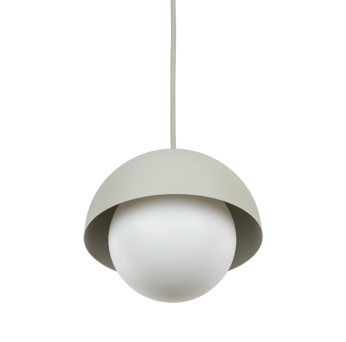 Beżowa, wisząca lampa Bono TK z białą kulą i półkulistym kloszem o średnicy 17 cm