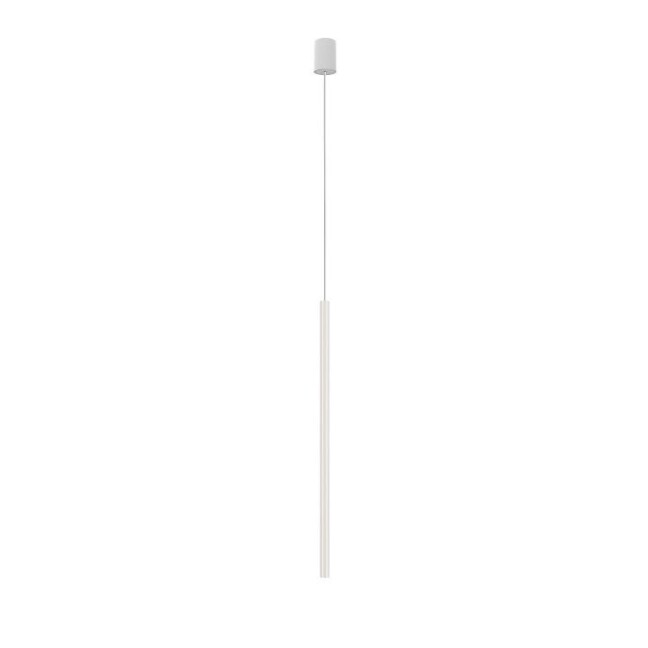Biała, wisząca lampa w kształcie wąskiej tuby Laser z kloszem o długości 75 cm