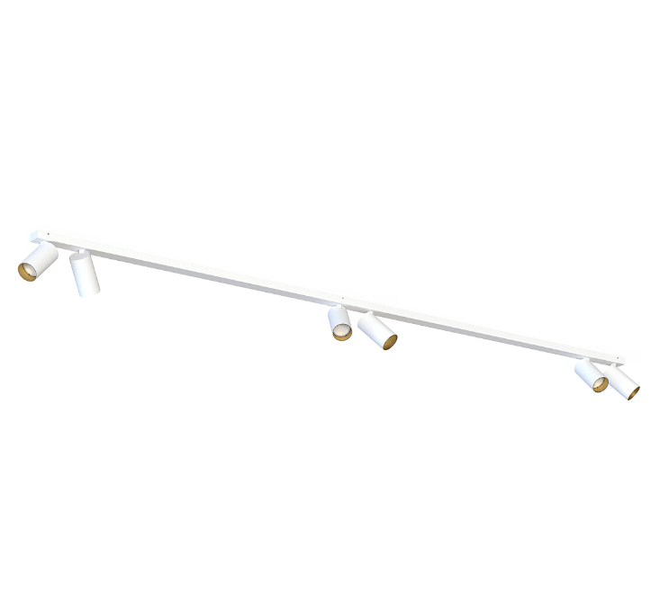 Biało-złote lampy reflektorowe zamontowane na szynoprzewodzie MONO VI o długości 200 cm