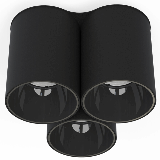 Czarna sufitowa lampa Eye Tone III z trzema punktami świetlnymi skierowanymi w dół