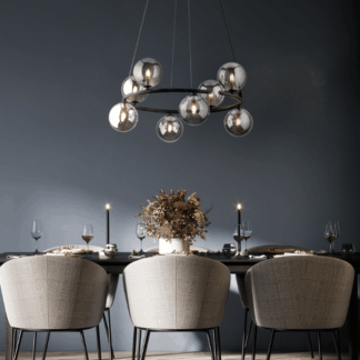 Czarny żyrandol Anabelle 8 z szarymi szklanymi kulami