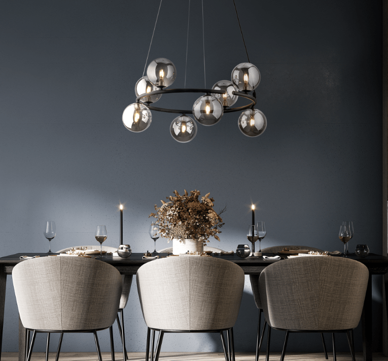 Czarny żyrandol Anabelle 8 z szarymi szklanymi kulami