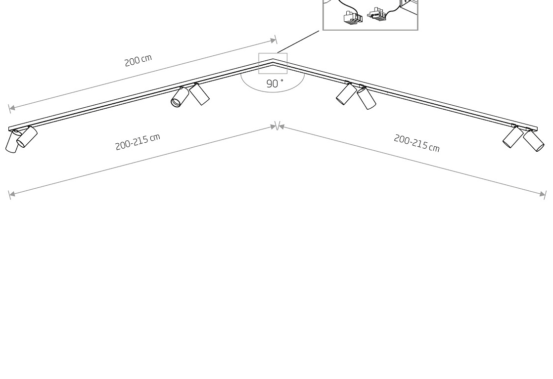 Narożna lampa sufitowa na listwie Corner VIII z czarno-złotymi tubami, 2x200 cm