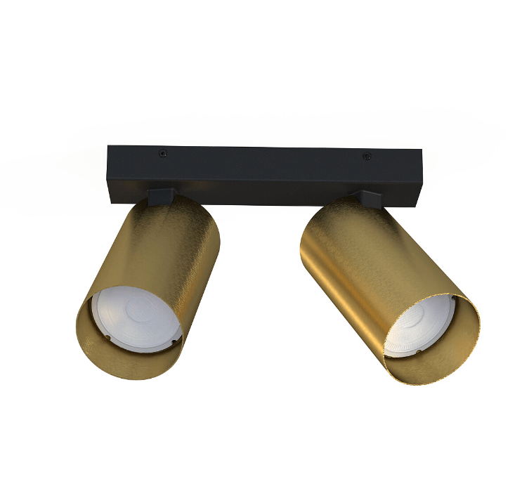 Mosiężna lampa sufitowa Mono II z dwiema tubami i czarną listwą